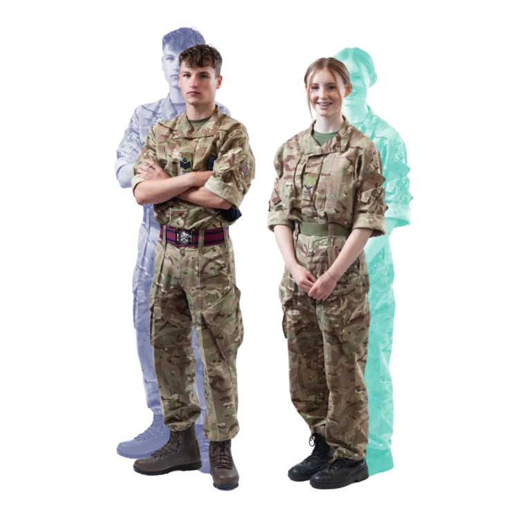 Two soldiers in camouflage uniforms stand side by side; male on left with arms crossed, female on right smiling. Back silhouettes in blue and teal.