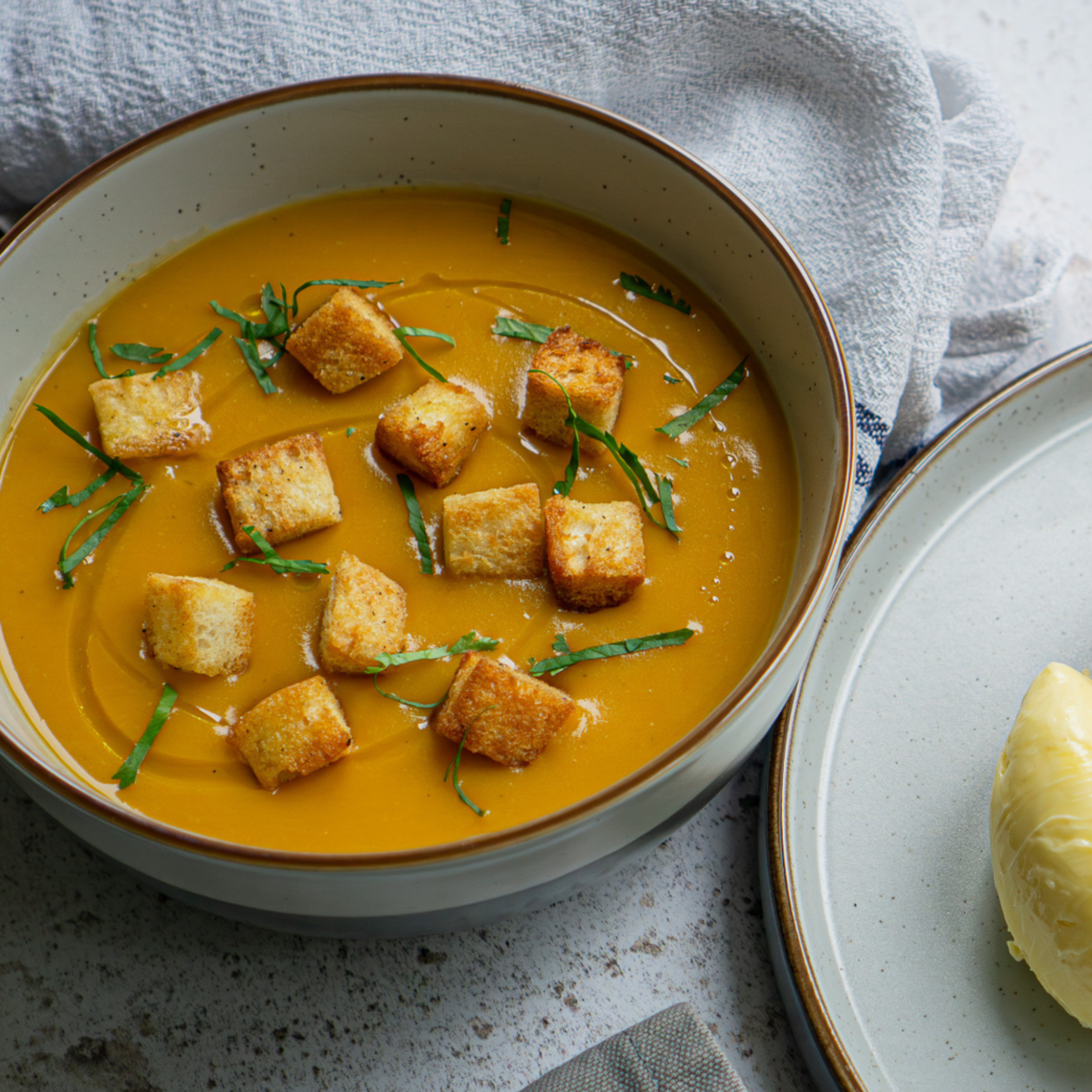 Creamy orange pumpkin soup topped with croutons and chopped herbs in a speckled white bowl on a gray surface.