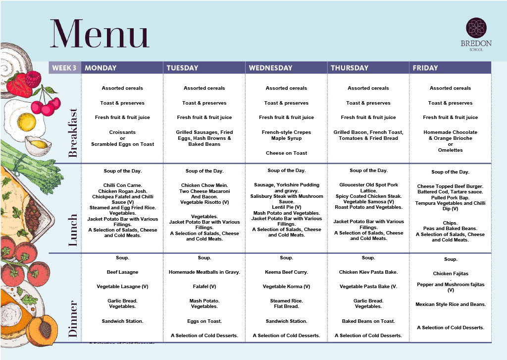 Weekly school menu for Week 3: breakfast, lunch, and dinner by day (Mon–Fri) with listed items.